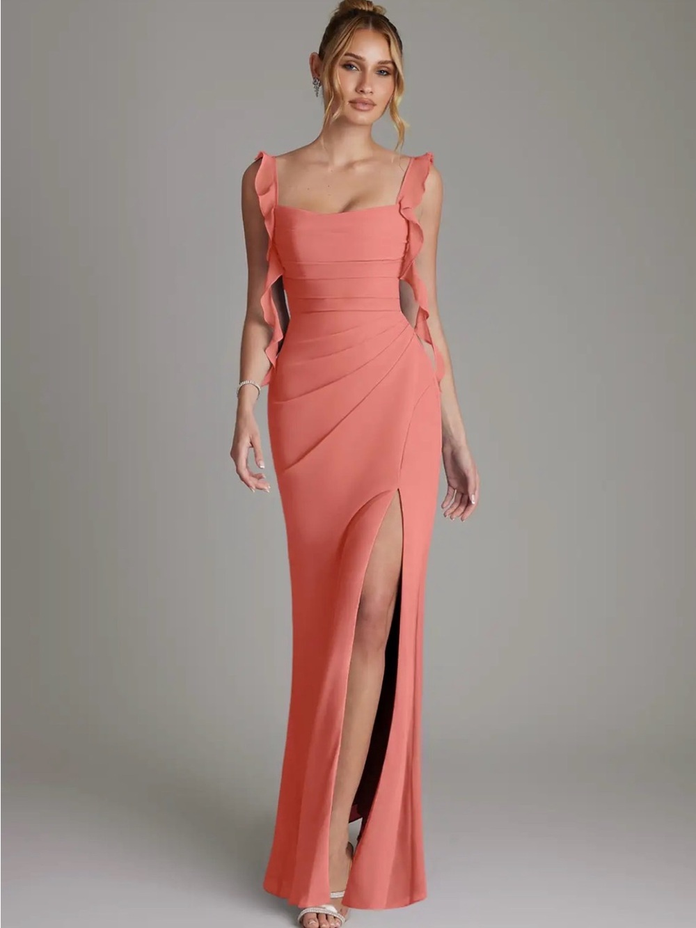 Azazie Coral Ruffle Strap Maxi Gown